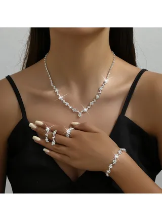 4Pcs Jewelry Set With Necklace Bracelet and Earrings, Full Rhinestone V Neck Necklace and Crystal Earrings, Party Wedding dress Accessories, Bridal Bridesmaid Costume,Jewelry Set for Women and Girls 