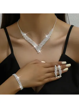3Pcs Jewelry Set With Necklace Bracelet and Earrings, Full Rhinestone V Neck Necklace and Crystal Earrings, Party Wedding dress Accessories, Bridal Bridesmaid Costume,Jewelry Set for Women and Girls 
