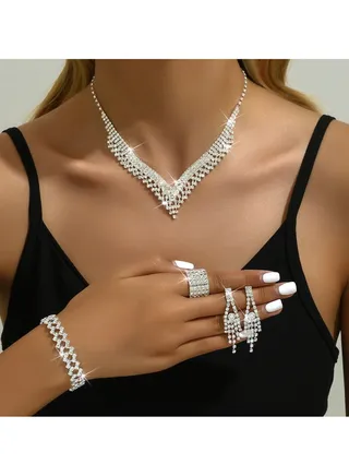 4Pcs Jewelry Set With Necklace Bracelet and Earrings, Full Rhinestone V Neck Necklace and Crystal Earrings, Party Wedding dress Accessories, Bridal Bridesmaid Costume,Jewelry Set for Women and Girls 