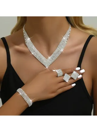 4Pcs Jewelry Set With Necklace Bracelet and Earrings, Full Rhinestone V Neck Necklace and Crystal Earrings, Party Wedding dress Accessories, Bridal Bridesmaid Costume,Jewelry Set for Women and Girls 
