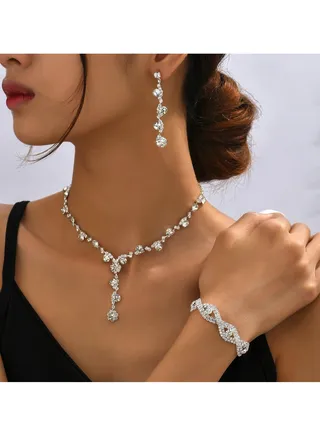 3Pcs Jewelry Set With Necklace Bracelet and Earrings, Full Rhinestone V Neck Necklace and Crystal Earrings, Party Wedding dress Accessories, Bridal Bridesmaid Costume,Jewelry Set for Women and Girls 