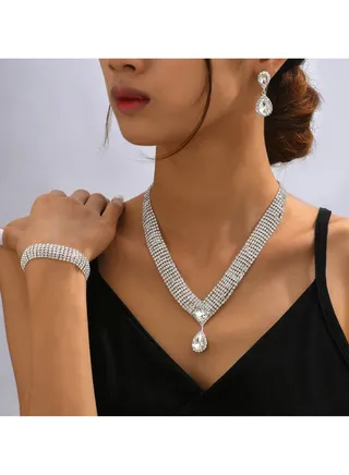 3Pcs Jewelry Set With Necklace Bracelet and Earrings, Full Rhinestone V Neck Necklace and Crystal Earrings, Party Wedding dress Accessories, Bridal Bridesmaid Costume,Jewelry Set for Women and Girls 