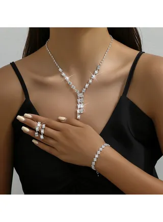 3Pcs Jewelry Set With Necklace Bracelet and Earrings, Full Rhinestone V Neck Necklace and Crystal Earrings, Party Wedding dress Accessories, Bridal Bridesmaid Costume,Jewelry Set for Women and Girls 