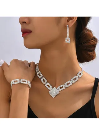 3Pcs Jewelry Set With Necklace Bracelet and Earrings, Full Rhinestone V Neck Necklace and Crystal Earrings, Party Wedding dress Accessories, Bridal Bridesmaid Costume,Jewelry Set for Women and Girls 