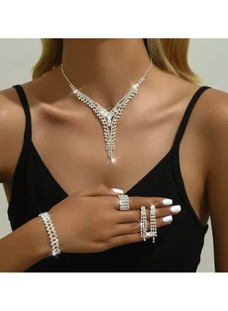 3Pcs Jewelry Set With Necklace Bracelet and Earrings, Full Rhinestone V Neck Necklace and Crystal Earrings, Party Wedding dress Accessories, Bridal Bridesmaid Costume,Jewelry Set for Women and Girls 