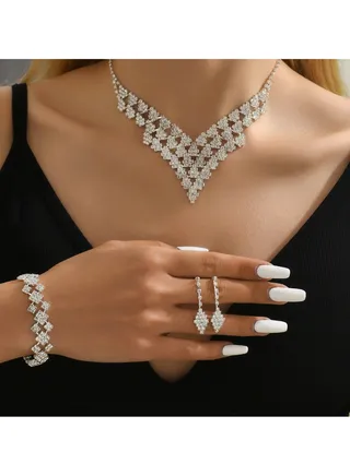 3Pcs Jewelry Set With Necklace Bracelet and Earrings, Full Rhinestone V Neck Necklace and Crystal Earrings, Party Wedding dress Accessories, Bridal Bridesmaid Costume,Jewelry Set for Women and Girls 
