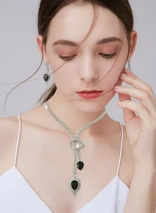 Fashion Jewelry Sets Rhinestone Decor Drop Earrings and Necklace Simple Earring Set Chain Wedding Dress Dinner Party Accessories Silver/Black 