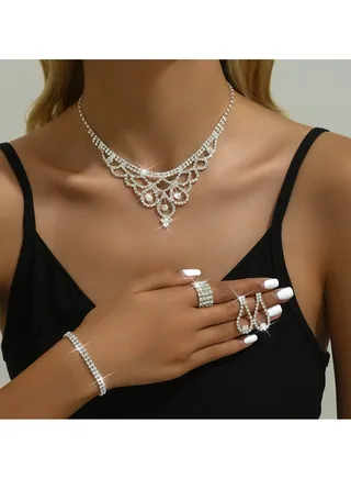 4Pcs Jewelry Set With Necklace Bracelet and Earrings, Full Rhinestone V Neck Necklace and Crystal Earrings, Party Wedding dress Accessories, Bridal Bridesmaid Costume,Jewelry Set for Women and Girls 