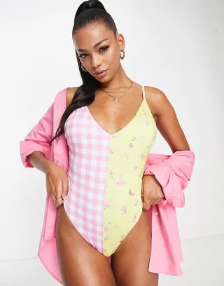 ASOS DESIGN spliced swimsuit in mixed floral and gingham print
