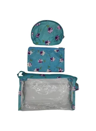 3 Different Sizes Portable Cosmetic Bags for Makeup and Toiletry for Travel or Daily Use, Pencil Case (Set of 3) (White Roses in Purple (Light Blue) 