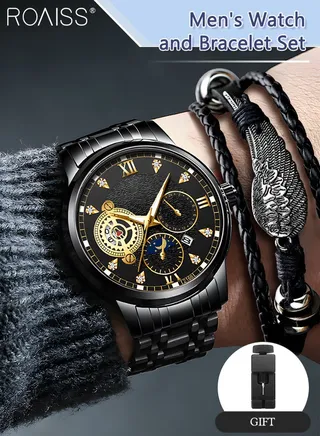 2PCS Men's Watch and Bracelet Set Analog Display Round Dial Quartz Watch with PU Leather Bracelet Vintage 2 Pieces Watch Set as Gift for Men 