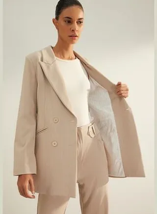 Beige Premium Striped Regular Lined Woven Blazer Jacket TWOAW24BC00004