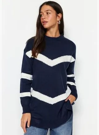 Navy Blue Striped Soft Knitwear Sweater TCTAW22AK0005