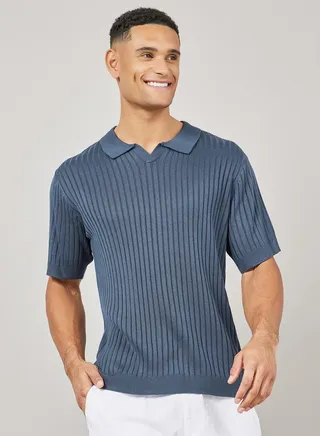 Ribbed Knit Revere Collar Relaxed Polo