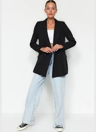 Black Regular Lined Double Breasted Blazer with Closure TWOSS20CE0059