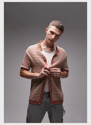 Textured Crochet Button Down Polo 