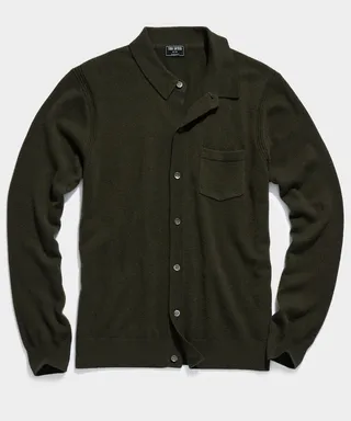 Cashmere Long-Sleeve Sweater Polo in Snyder Olive