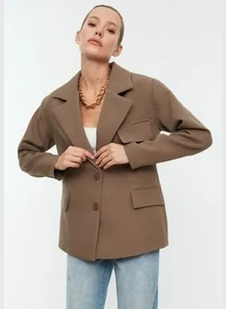 Mink Oversize Lined Double Breasted Blazer with Closure TWOSS22CE0077