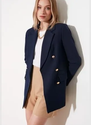 Navy Blue Oversize Lined Double Breasted Closure Woven Blazer Jacket TWOSS20CE0024