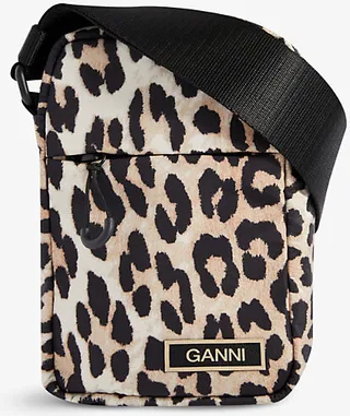 Womens Leopard Mini Festival Brand-appliqué Recycled-polyester Cross-body bag