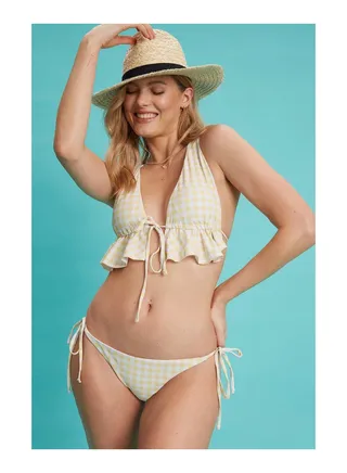 Lemon Gingham Frill Bikini And Tie Brief 