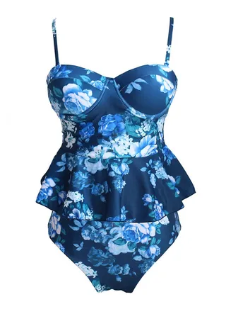 Vintage Floral Ruffles Underwire Tankini Set Blue 
