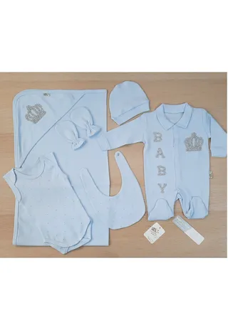 Summer set for a newborn in the hospital, consisting of 7 pieces in a box, crown model, blue color 