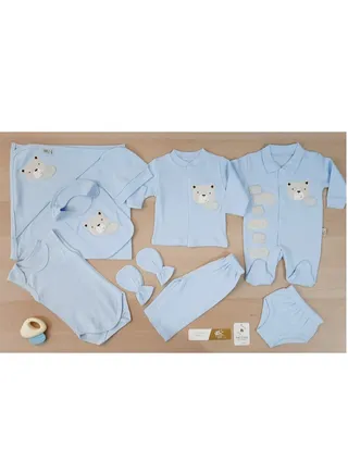 Cotton set for a newborn baby in the hospital, consisting of ten pieces in a box, bear and square model, blue color 