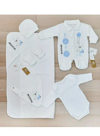 Set of seven pieces for newborns, plush winter, circles model (box) (white, boys) 