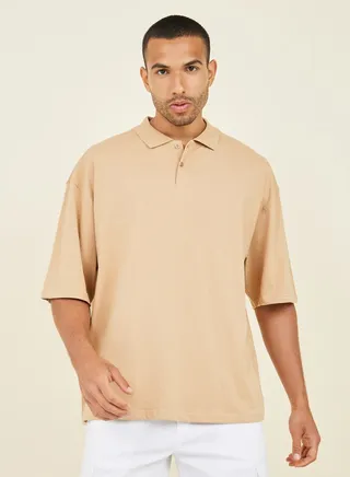 Drop Shoulder Boxy Polo with Flat Knit Collar 