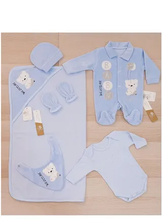 Set of seven pieces for newborns, plush winter, circles model (box) (blue) 