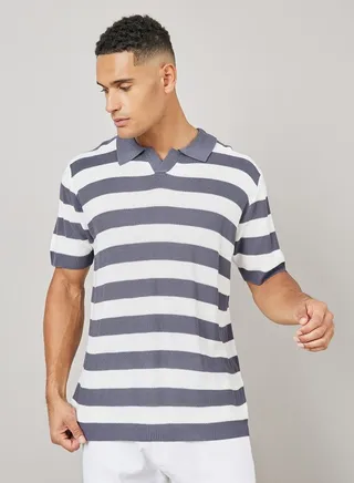 Striped Ribbed Revere Collar Relaxed Polo 