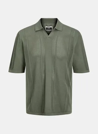 Collared Split Neck Flat Knit Polo