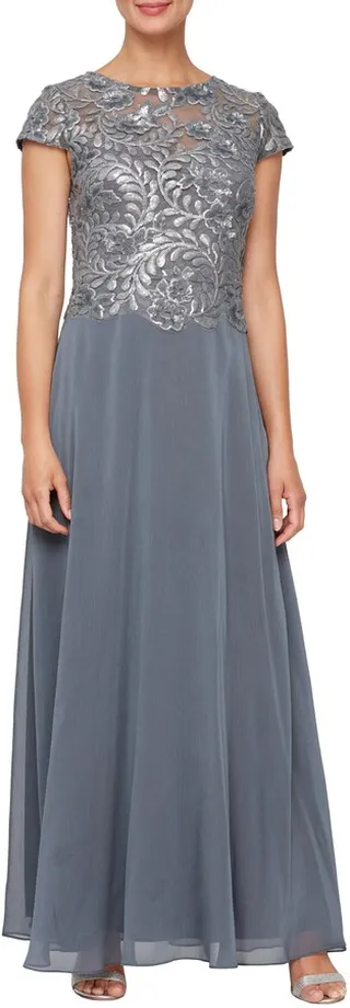 Sequin Floral Bodice A-Line Gown