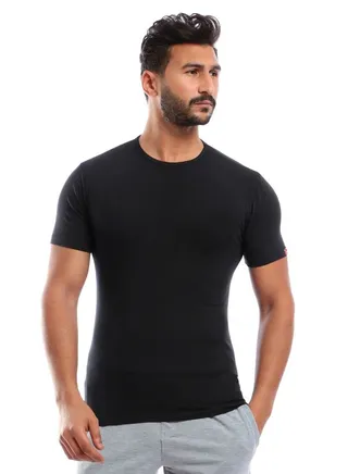 Round Neck cotton Stretch for Men - Black 