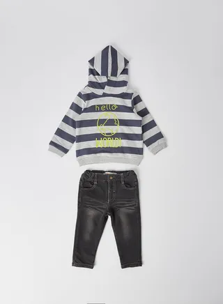 Hello World Print Hooded Jacket And Pant Set Dark Grey/ Navy Blue/Brown 