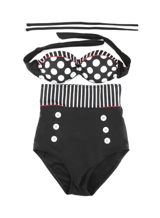 Vintage High Waist Swimsuit Swimwear Bathing Push Up Bikini Set Polka Dot Black/White 