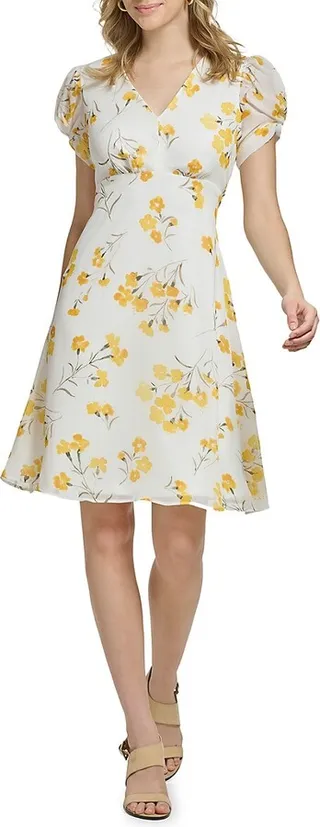 Puff Sleeve Floral Mini A Line Dress