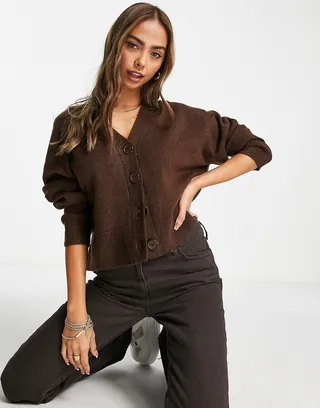 ASOS DESIGN button through fluffy boxy cardigan in brown