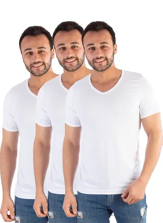 3 Pieces Jet Men Undershirt V Neck and Half Sleeve - White 