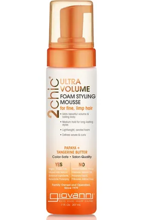 Giovanni Mousse by 2Chic Ultra Thick Foaming Styling, 7 oz - Daily Volumizing Formula with Papaya and Tangerine Butter, Promotes Control for Fine, Fine, Thinning Hair, Paraben Free, Color Safe 