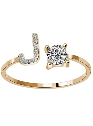 26 Letters Rhinestone Studded Zirconia  Rings for Women (J, Open Adjustable) 