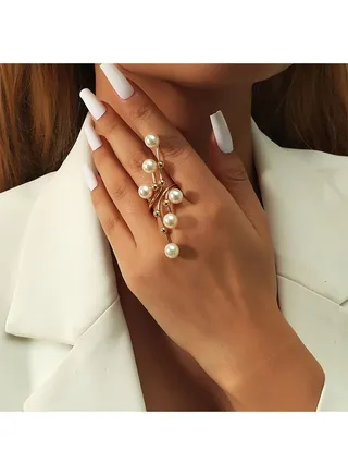 Multi Pearl Open Rings for Women Girls Irregular Ring with Pearls Gold Knuckle Rings Index Finger Ring Faux Pearl Rhinestone Rings Adjustable Finger Ring 