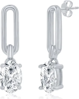 Sterling Silver Paperclip Link Oval CZ Drop Earrings