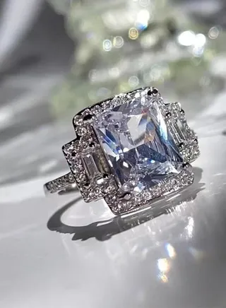5 Carat Simulated Diamond Silver Rings, Adjustable Moissanite Rings, Shiny Rhinestone ring, Sparkly Engagement Wedding Ring 