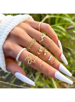 10 Pack Ring For Women Opening Adjustable Size Retro Pearl Twist Ring Fashion Accessories 