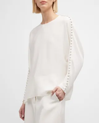 Dolman-Sleeve Button-Embellished Silk Blouse