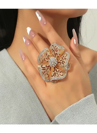 Big Size Flower Statement Wedding Ring for Women Girls, Vintage Noble Cubic Zirconia Hollow Flowers, Adjustable Open Wrap Promise Engagement Birthday Party Comfort Fit Exaggerated Jewelry Gift 