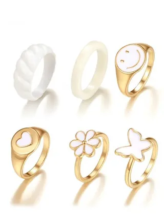 6 Piece Dripping Butterfly Smiley Ring 