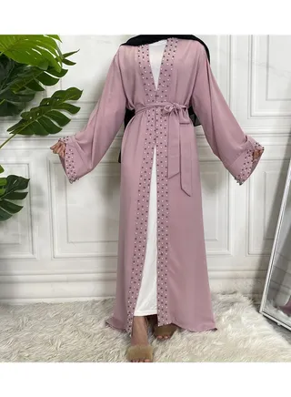 Fashionable and Elegant Clear Color Beaded Muslim Lace up Cardigan Robe 